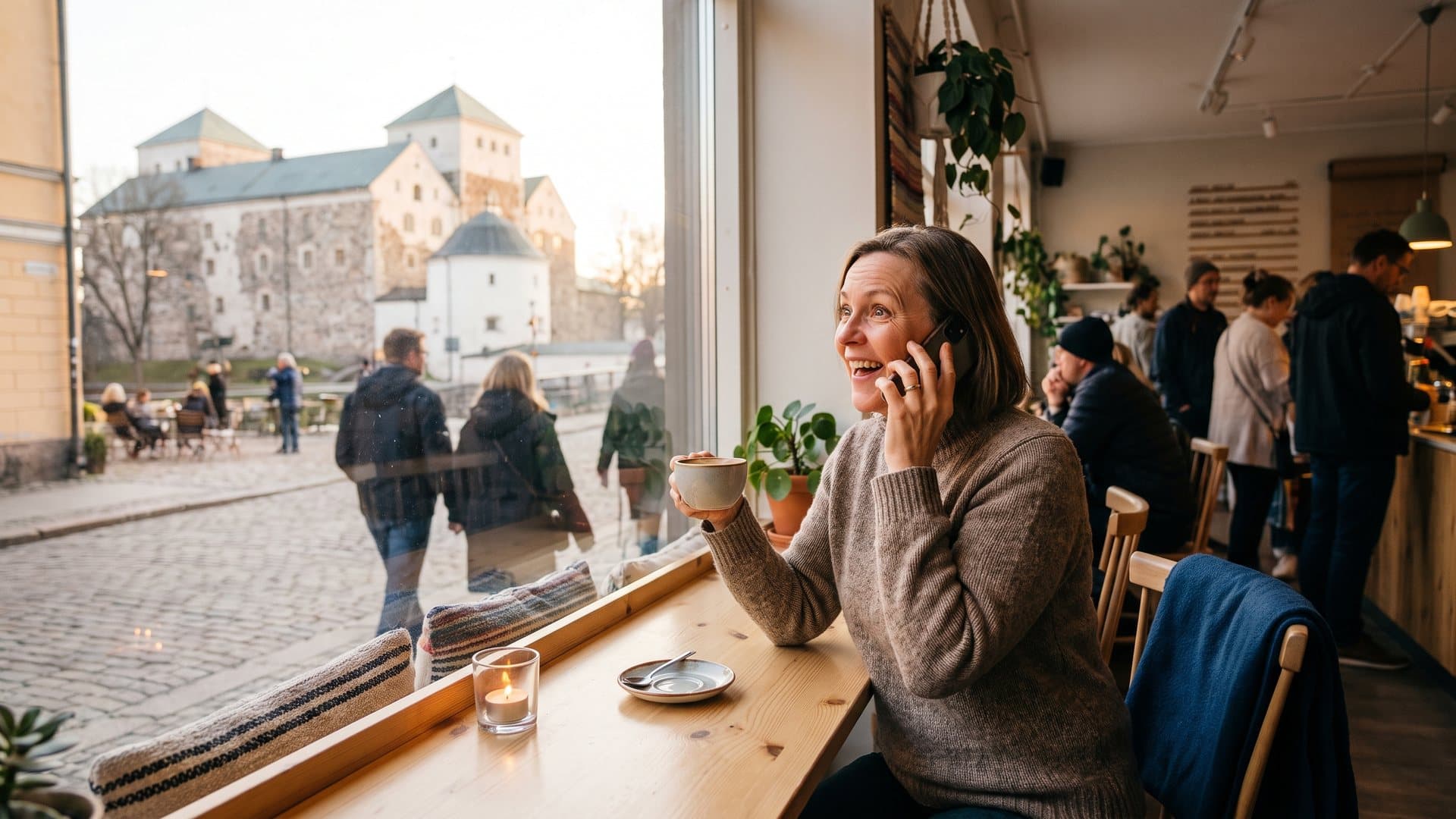 Nainen ikkunan ääressä puhelimessa kahvikuppi kädessä, iloisesti yllättynyt