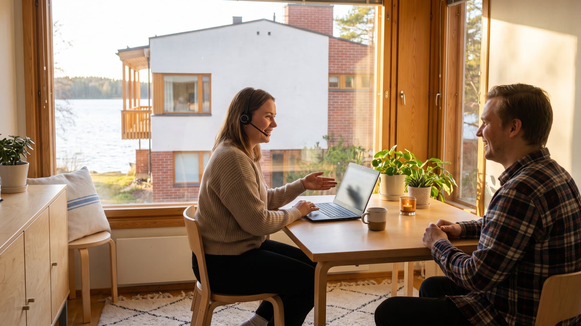 Tukihenkilö kuulokkeineen auttaa asiakasta hymyillen