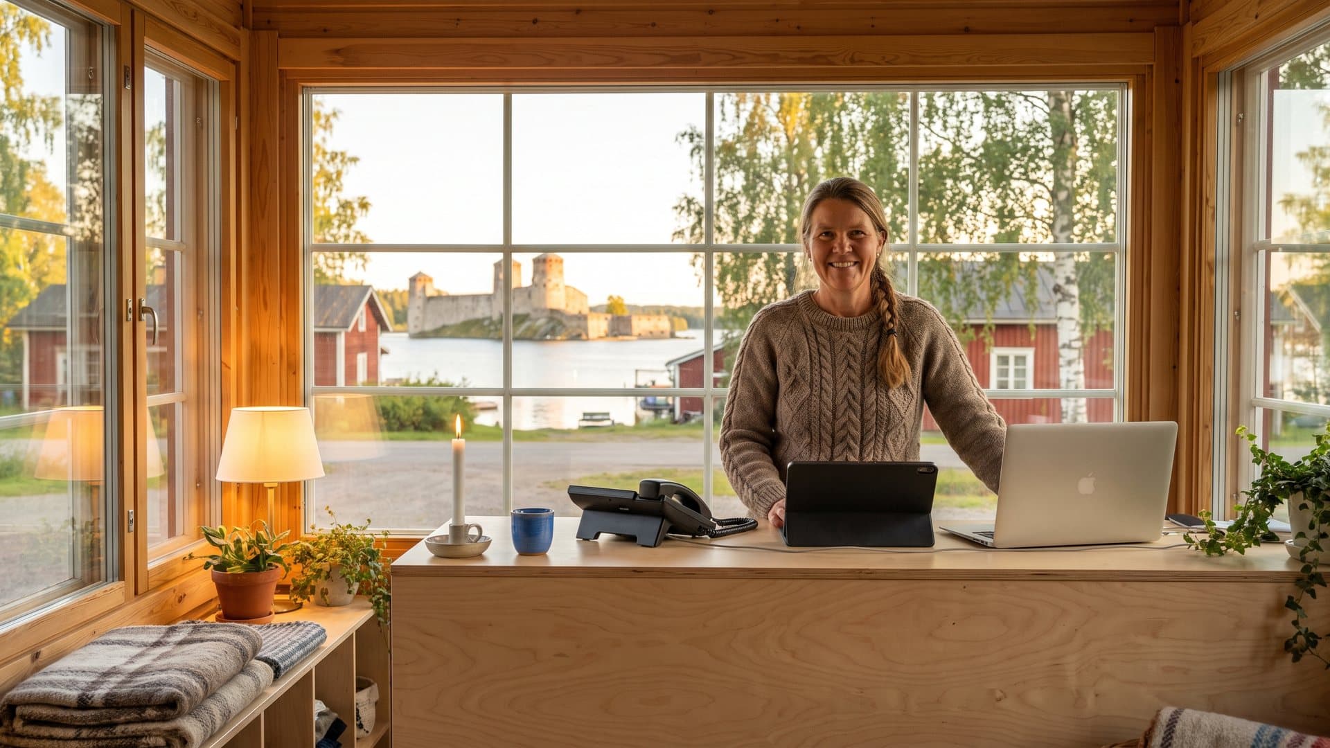 Pienyrityksen vastaanottotiski, jolla puhelin, tabletti ja kannettava rinnakkain