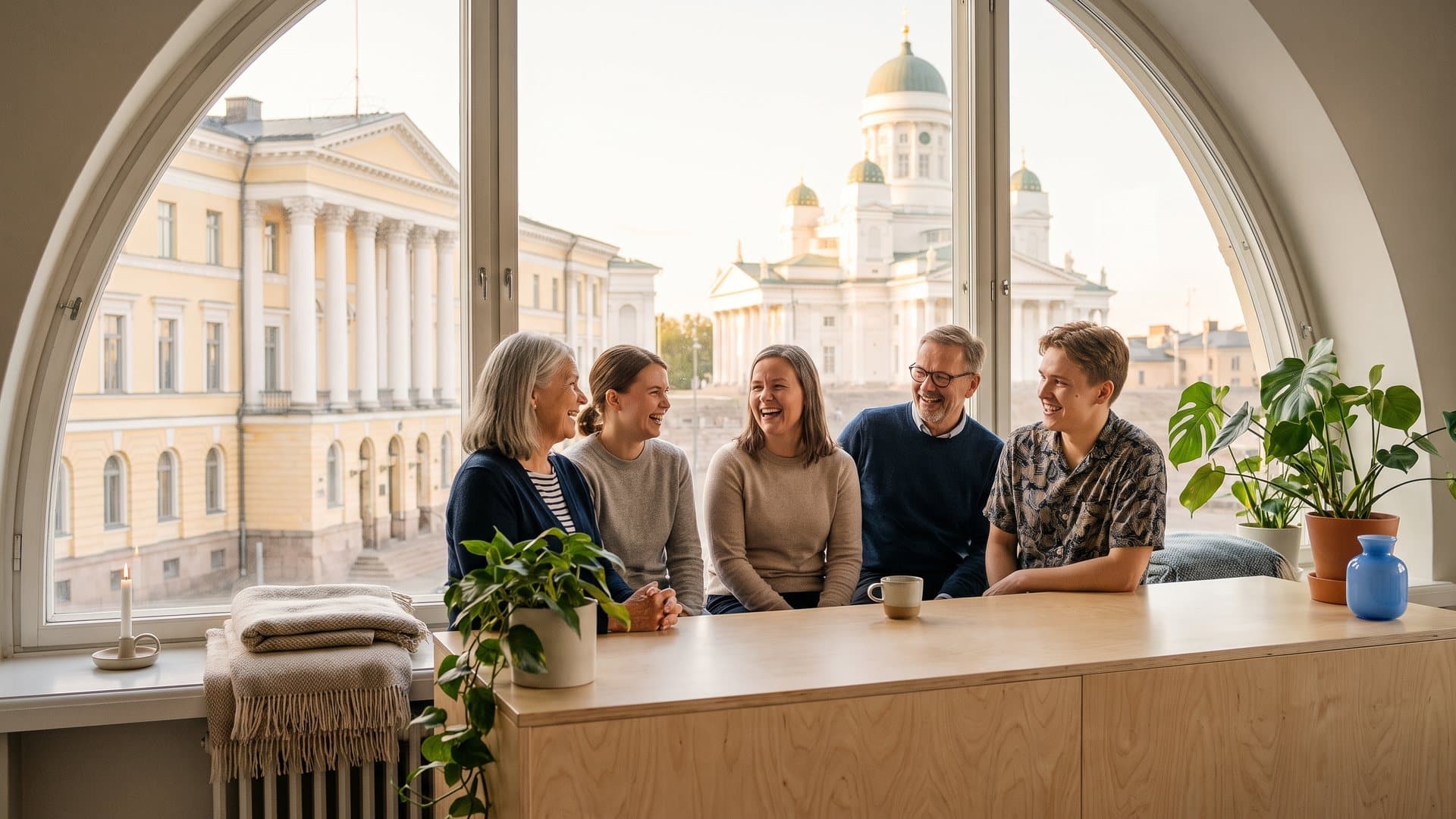 Pieni iloinen tiimi nauraa yhdessä valoisassa toimistossa