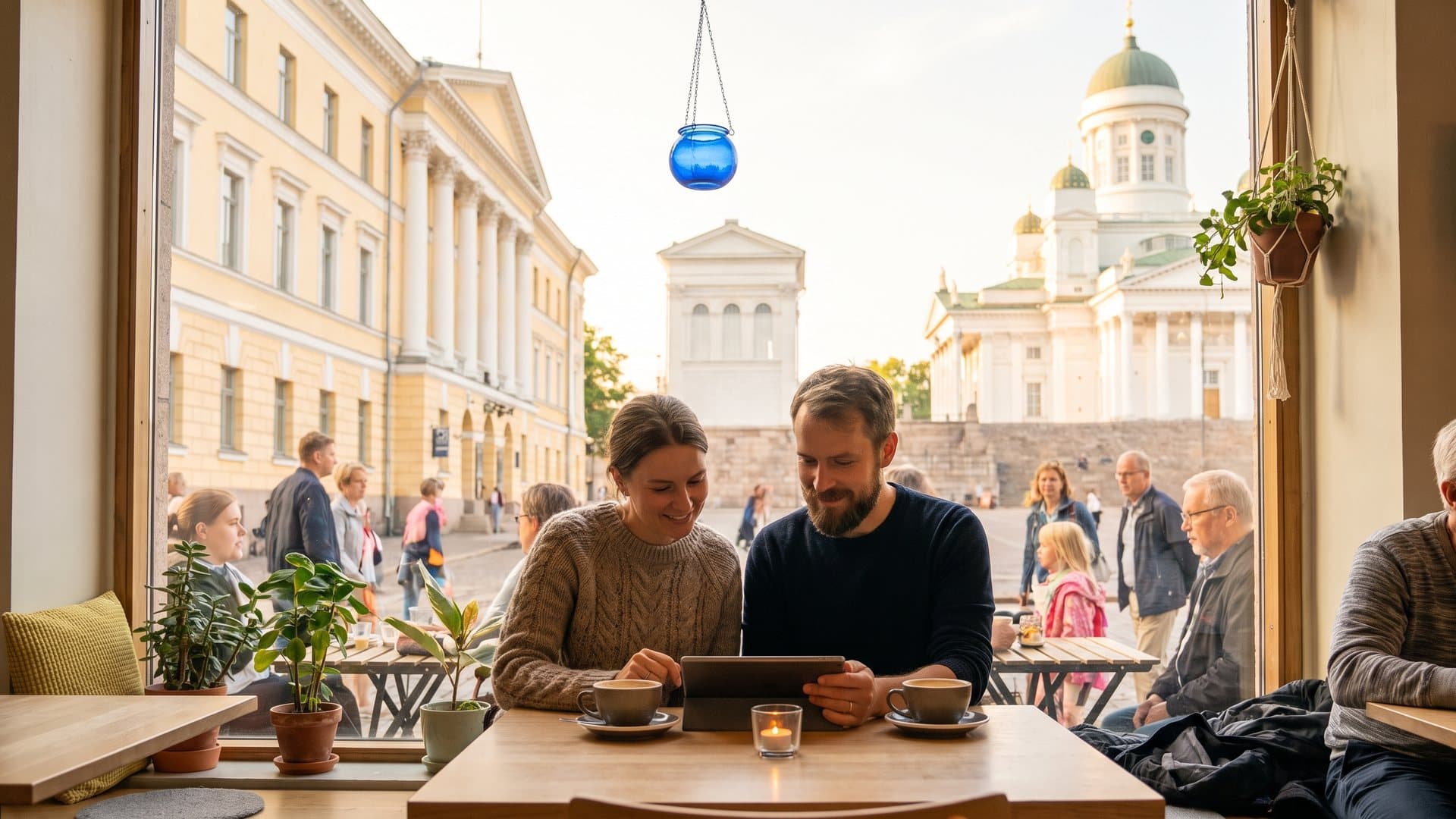 Yrittäjä vertailee kahta vaihtoehtoa tabletilla kahvilan pöydässä