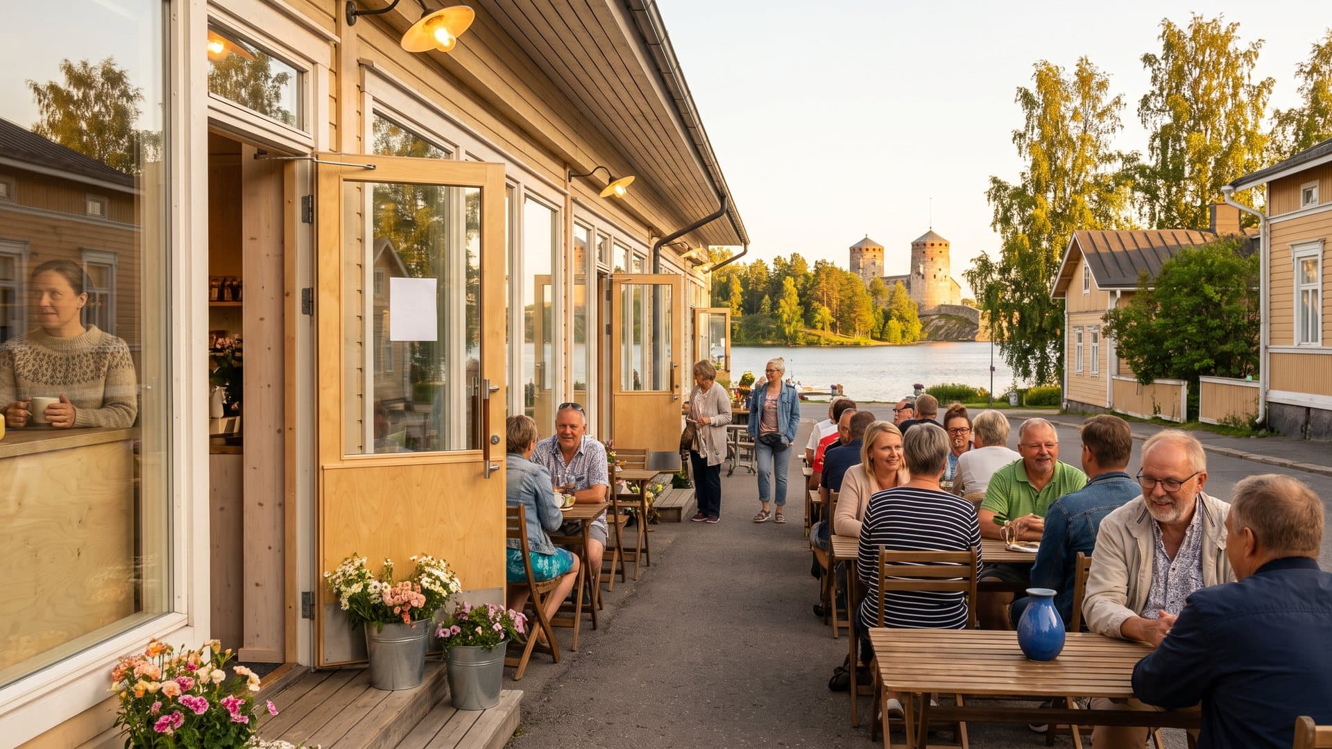 Pienten kivijalkaliikkeiden katu kesäillan kultaisessa valossa