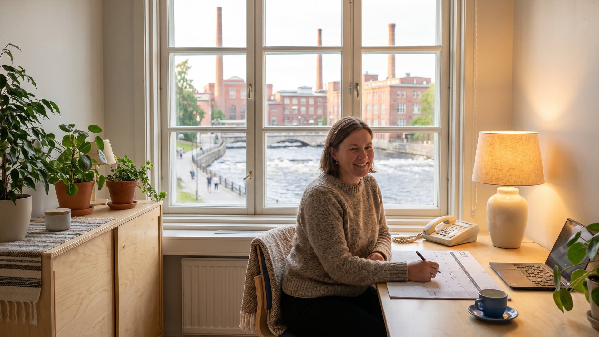 Siisti pieni toimisto, jossa kannettava, seinäkalenteri ja puhelin