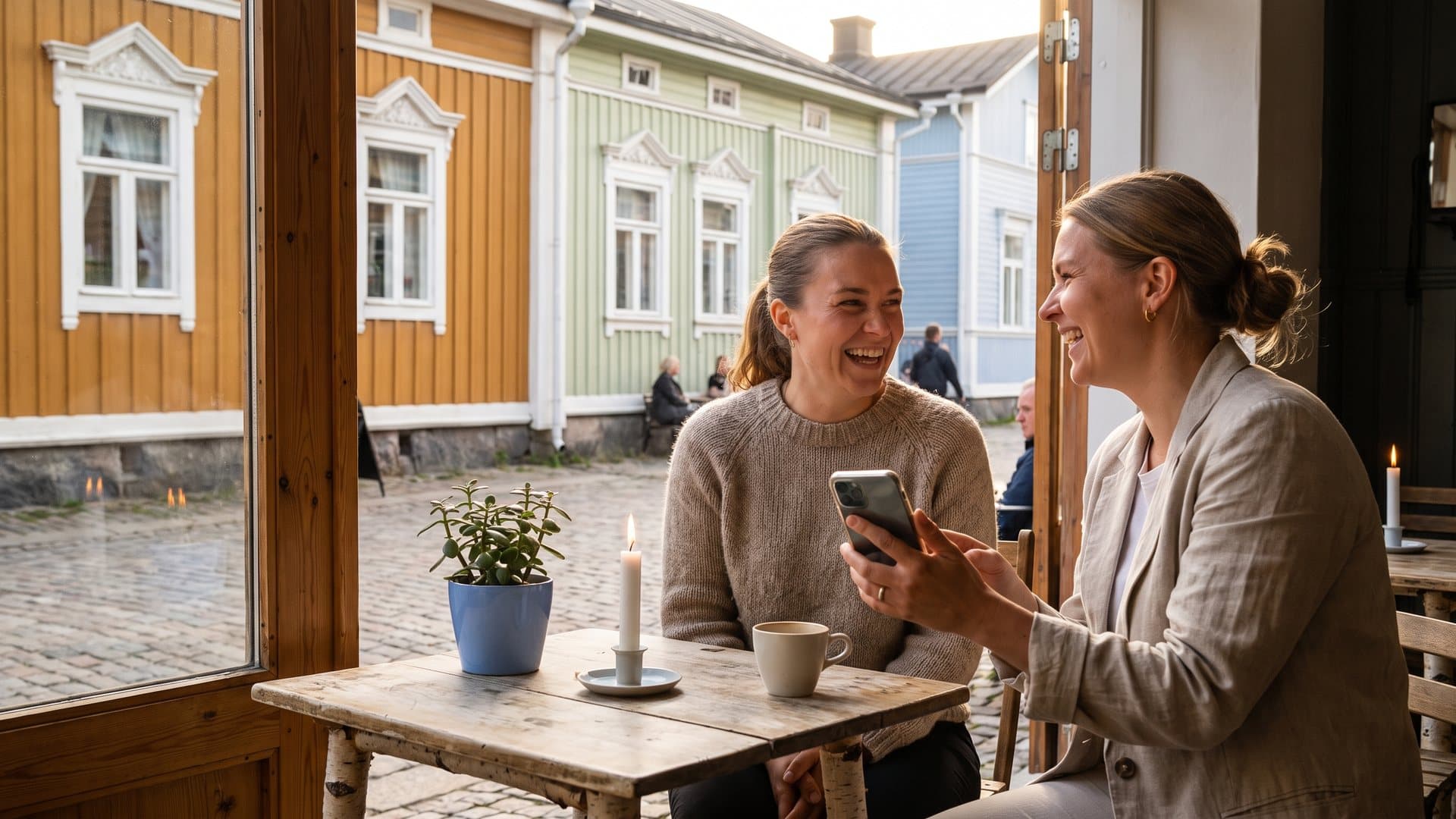 Kaksi omaa yritystä pyörittävää ystävää juttelee kahvilla terassilla