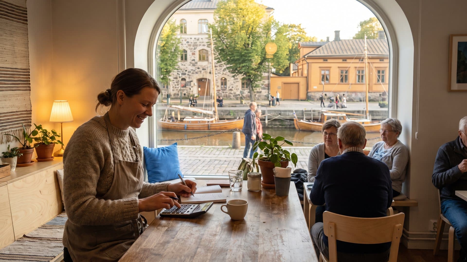 Kahvilan omistaja laskee nopeasti laskimella ja vihkoon tiskin ääressä