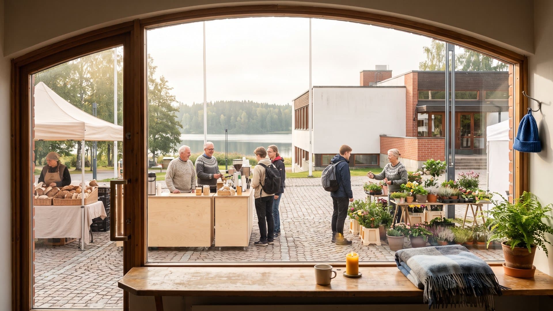 Pieni tori aamulla: kahvikoju, leipomo ja kukkakoju